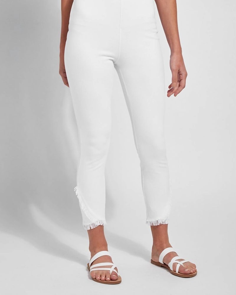 Front of a model wearing a size XL Fringe Bottom Capris In White in White by Lysse. | dia_product_style_image_id:354381